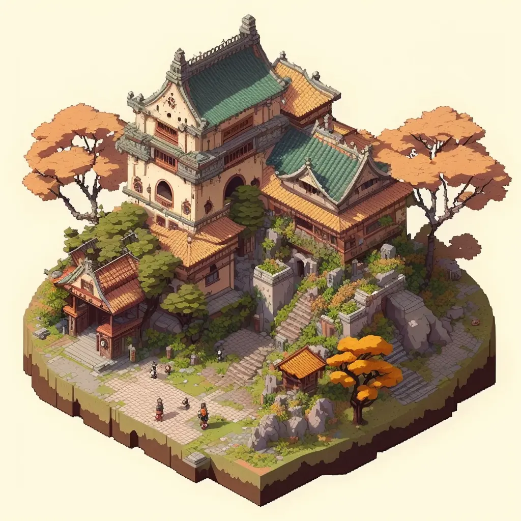 Isometric clean pixel art image of outside of a small Japanese castle